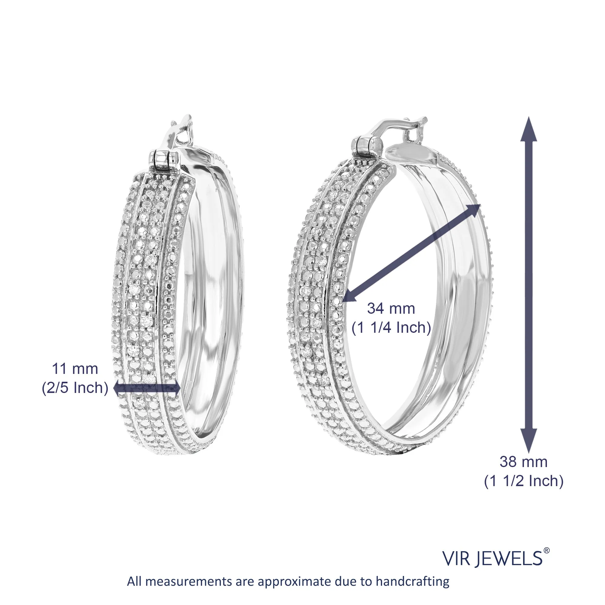 1/10 cttw 12 Stones Round Lab Grown Diamond Hoop Earrings .925 Sterling Silver Prong Set 1 1/2 Inch