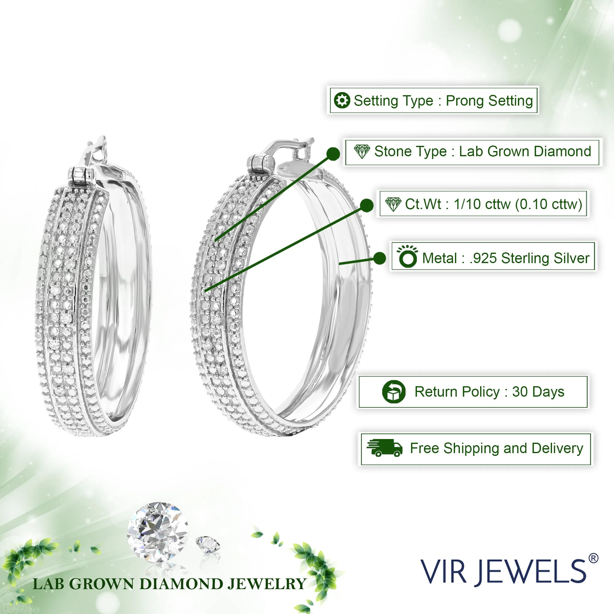 1/10 cttw 12 Stones Round Lab Grown Diamond Hoop Earrings .925 Sterling Silver Prong Set 1 1/2 Inch