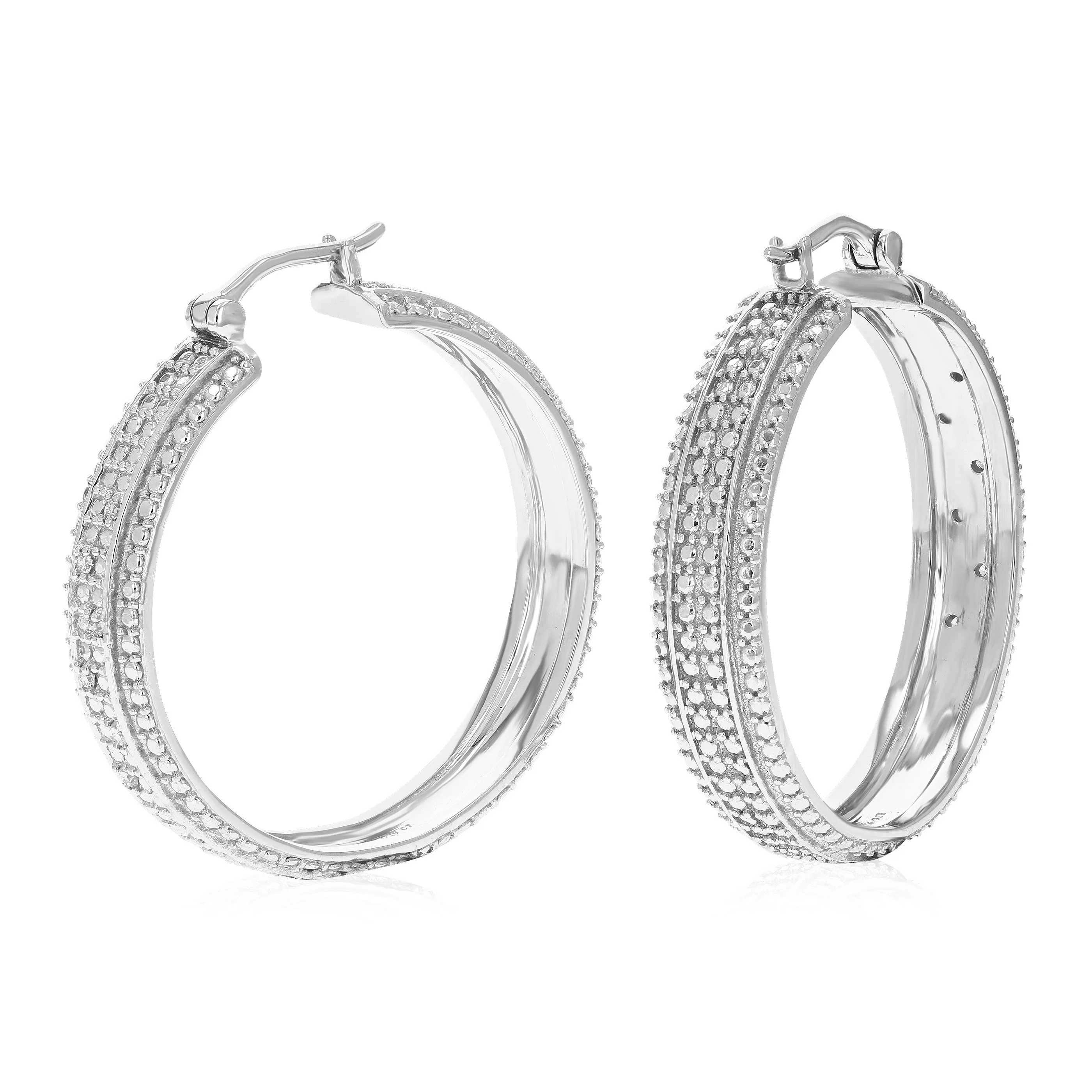 1/10 cttw 12 Stones Round Lab Grown Diamond Hoop Earrings .925 Sterling Silver Prong Set 1 1/2 Inch