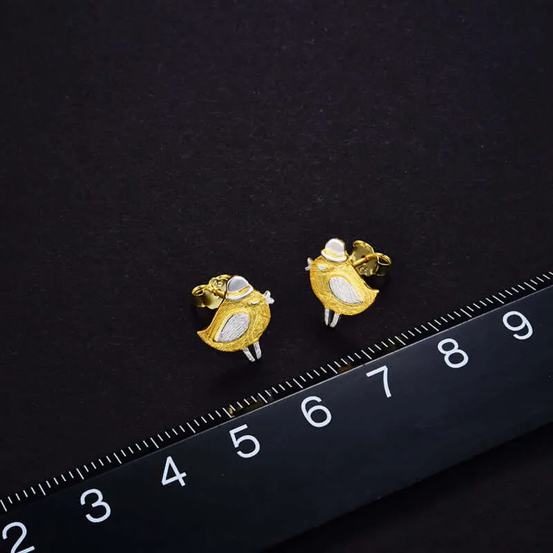 925 Silver Cute Hat Bird Gold Stud Earrings