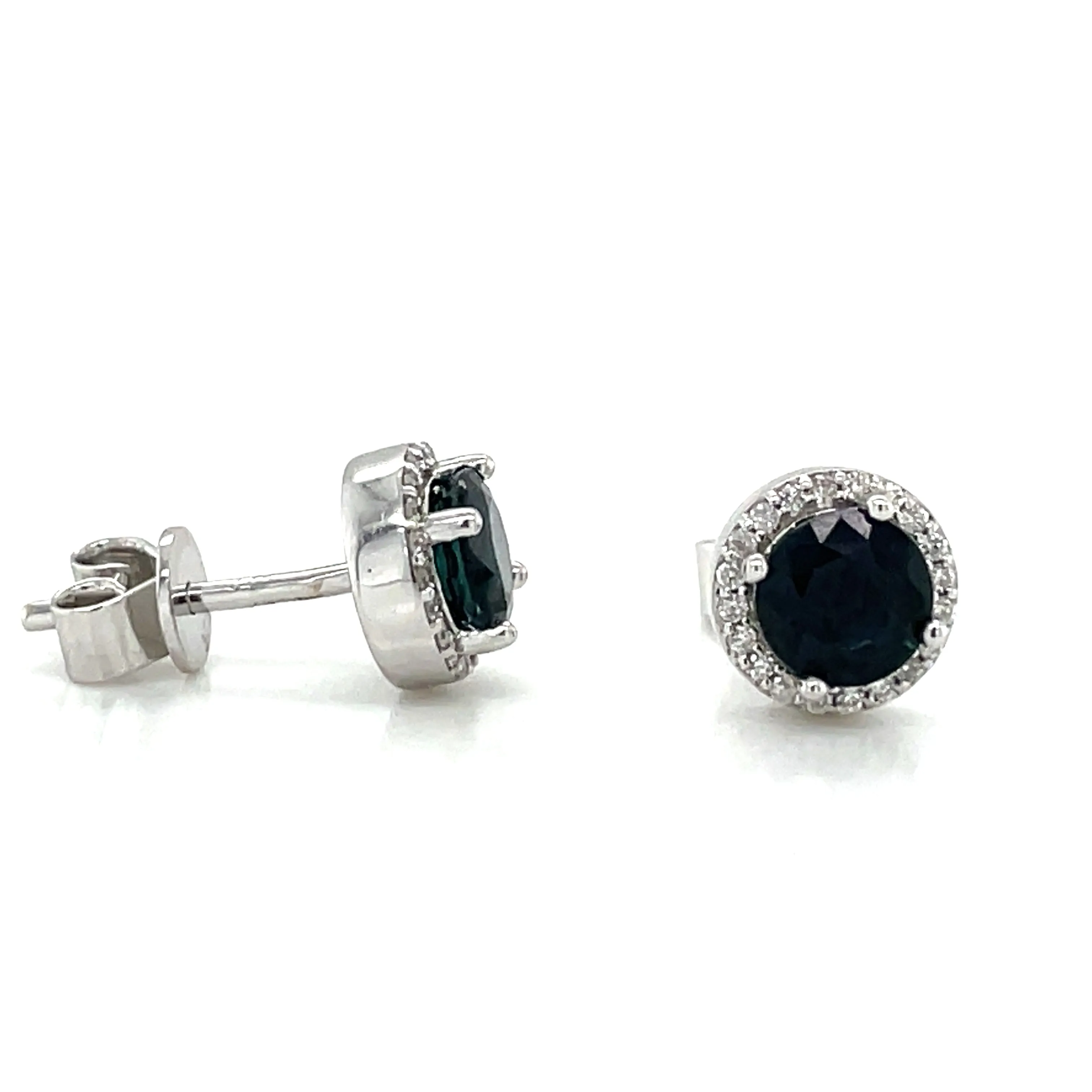 9ct White Gold Earth Grown Round Sapphire & Diamond Halo Stud Earrings