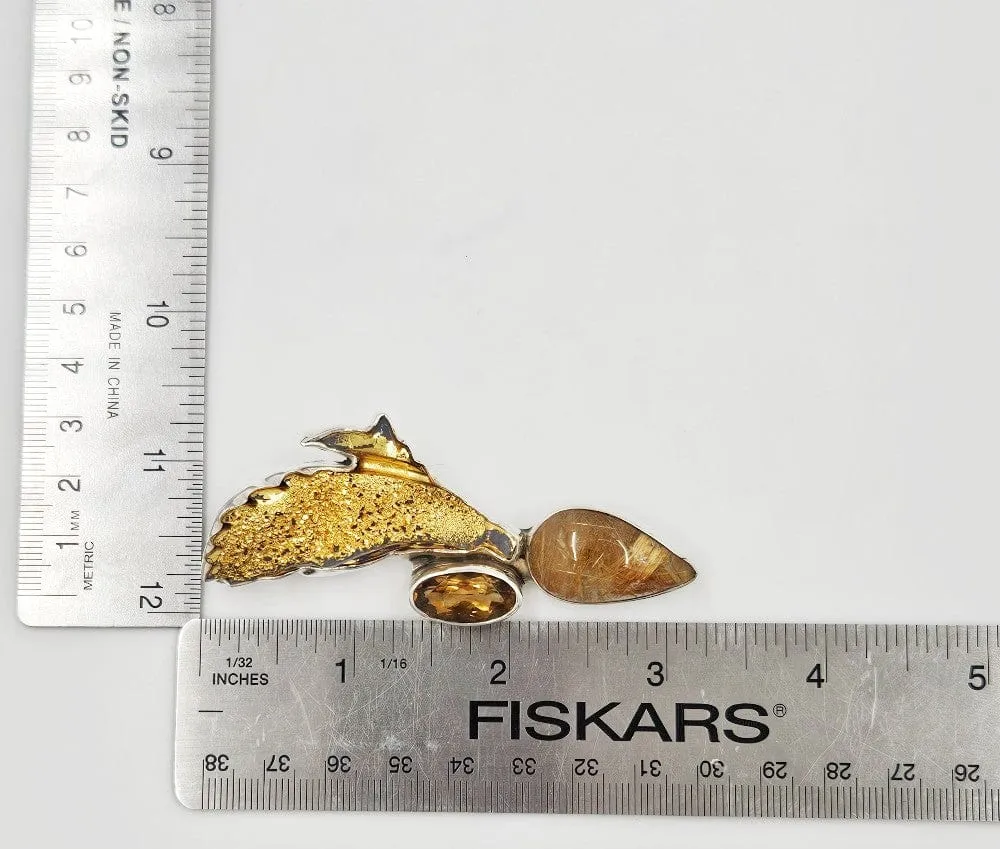 Amy Kahn Russell Sterling Gold Drusy Reticulated Quartz Citrine Brooch Pendant