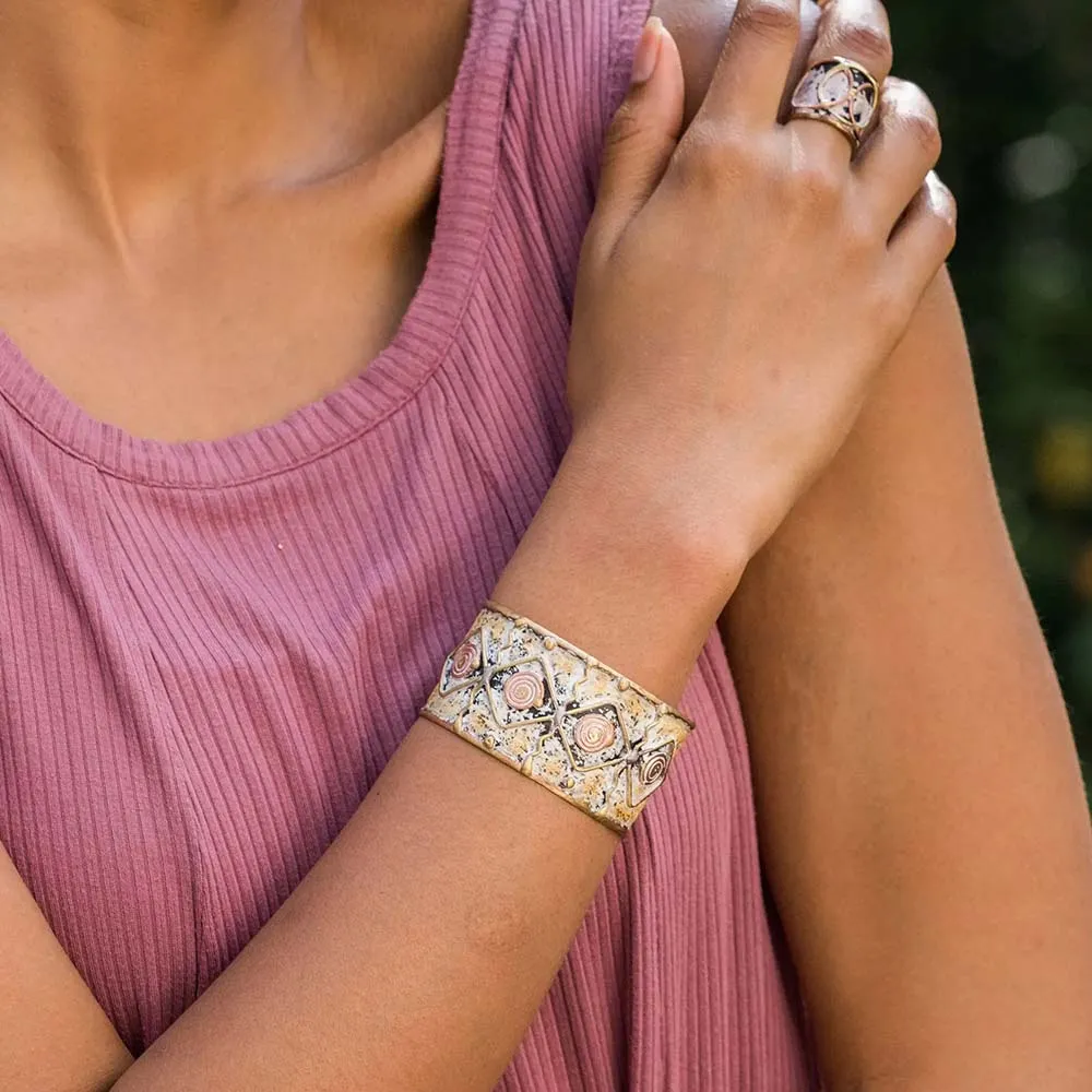 Anju Brass Patina Cuff Bracelet in White Diamond With Spiral