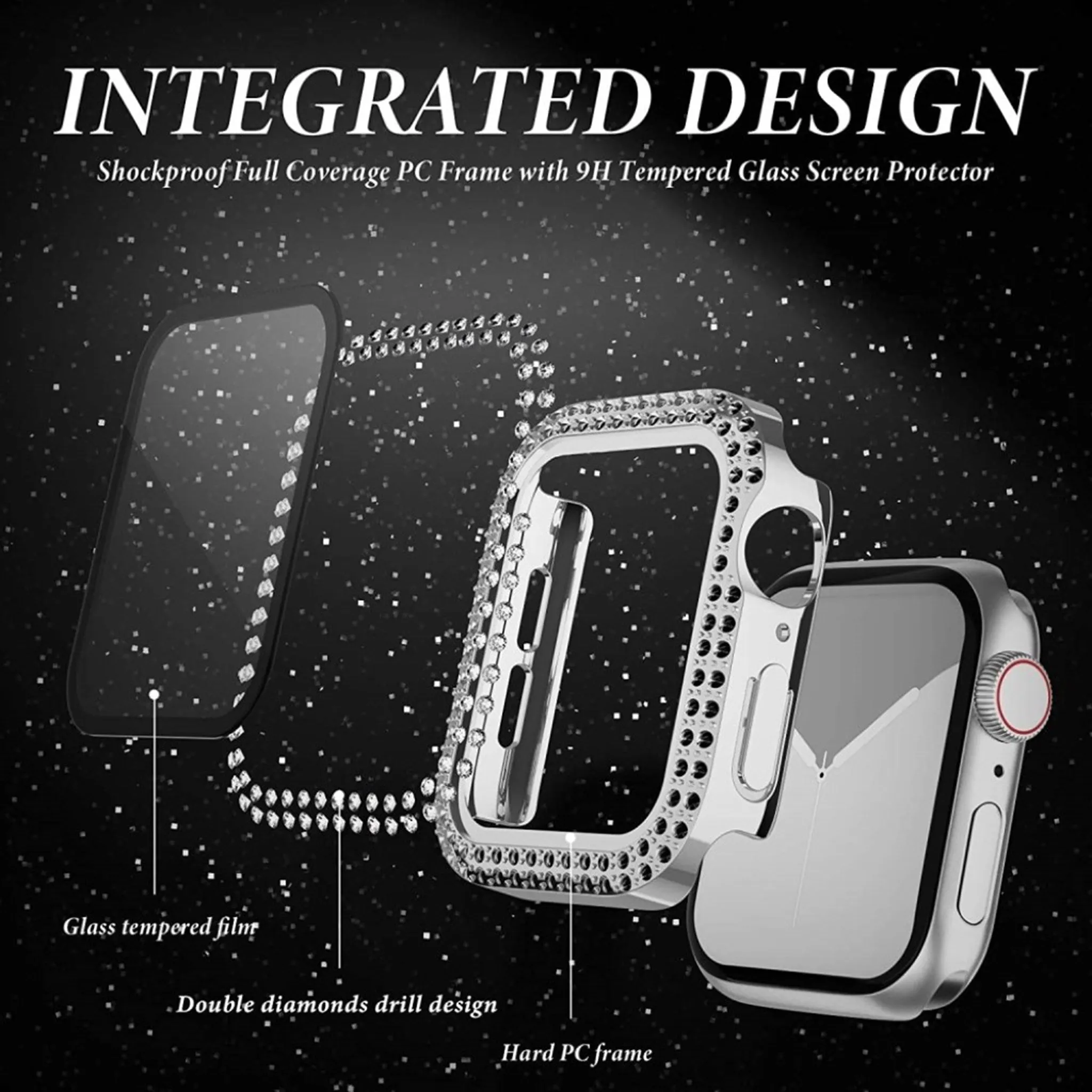 Apple Watch 44mm rhinestone décor cover   tempered glass - Silver