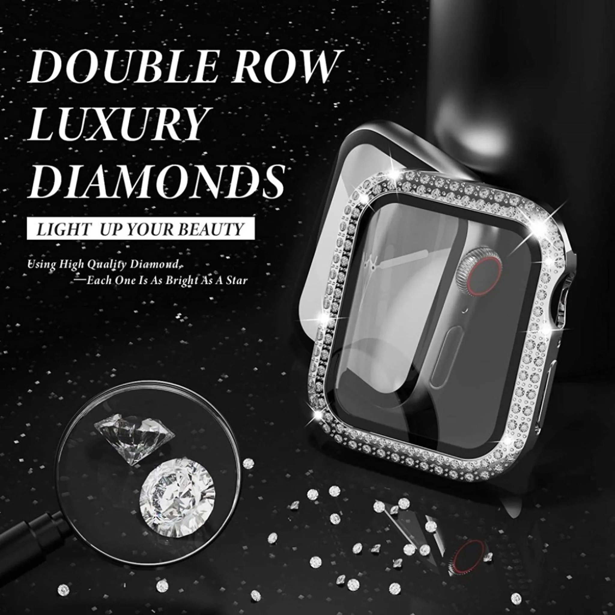 Apple Watch 44mm rhinestone décor cover   tempered glass - Silver