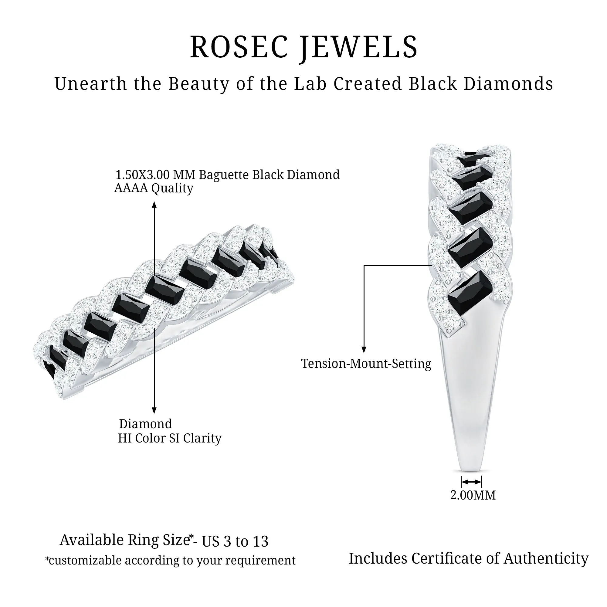 Baguette Created Black Diamond and Diamond Braided Half Eternity Band Ring