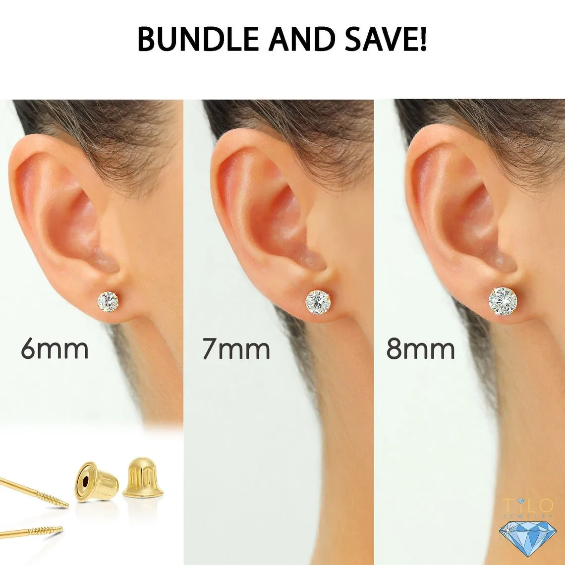 Bundle Set of 3! 10k Gold Classic Solitaire Stud Earrings, Screw-back