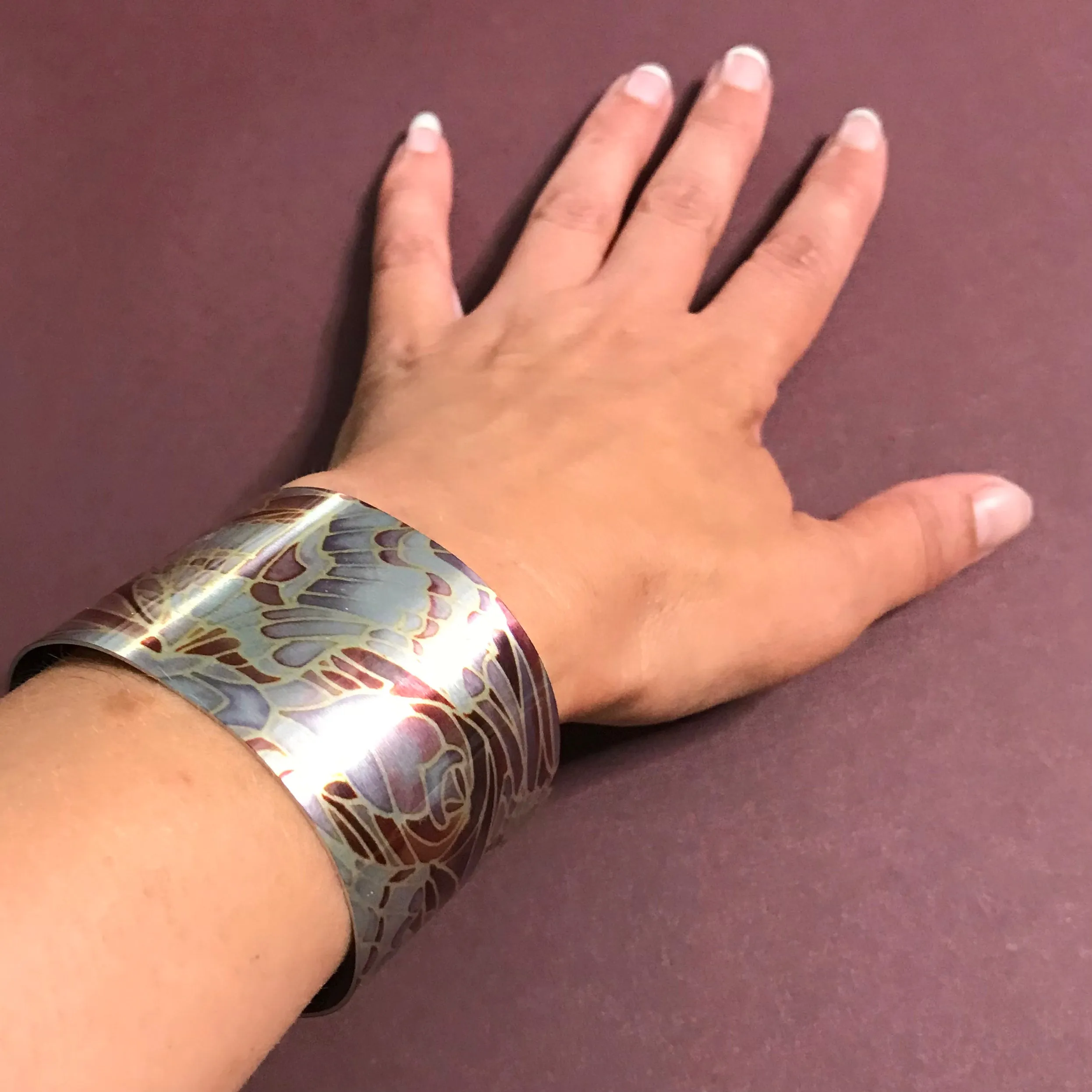 Chocolate Grey Lilac Moth Cuff Bracelet - Comtemporary Mocha Bangle - easy wear lightweight aluminium.