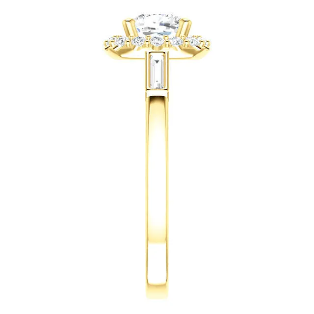Cubic Zirconia Engagement Ring- The Azariah (Customizable Cathedral Cushion Cut Design with Halo and Straight Baguettes)