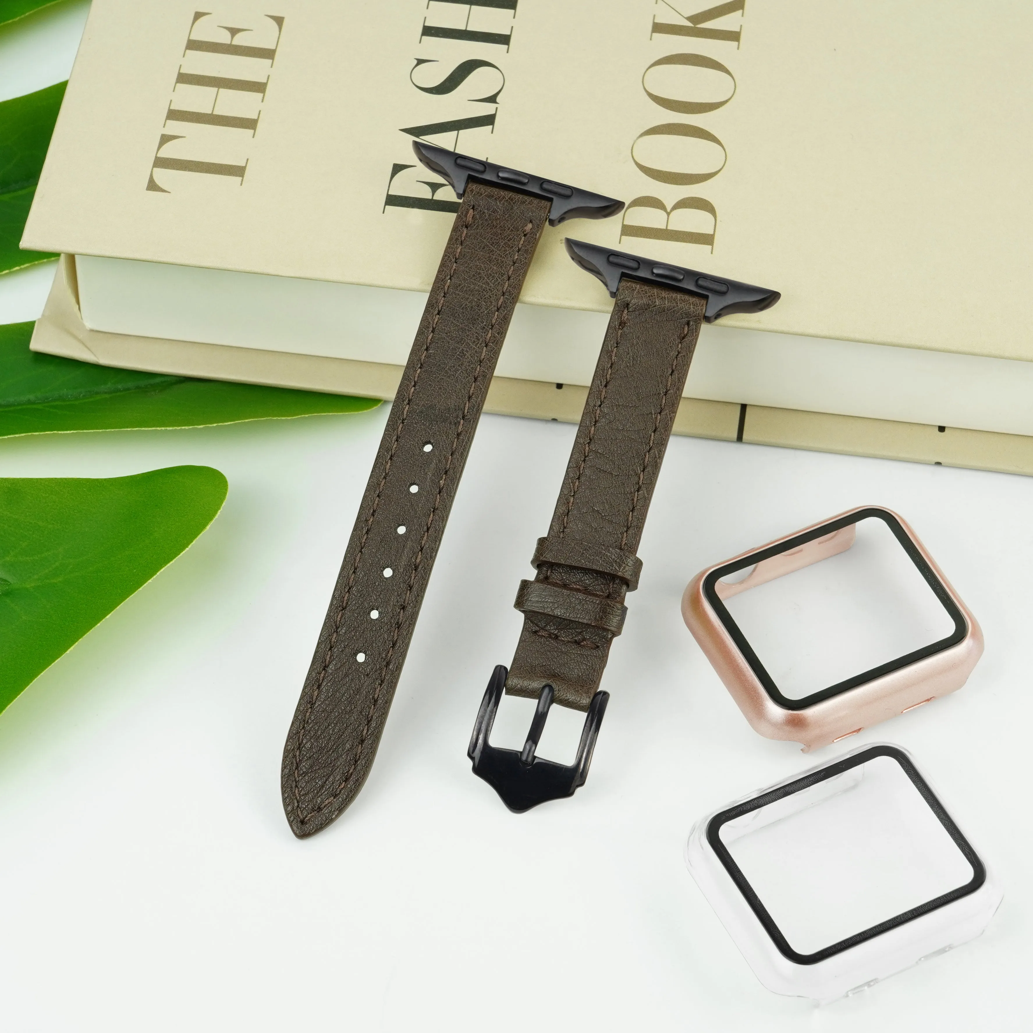 Dark Brown Flat Ostrich Leather Band Compatible Apple Watch Iwatch 45mm Screen Protector Case Black Adapter Replacement Strap For Smartwatch Series 7 8 Leather Handmade AW-183B-W-45MM