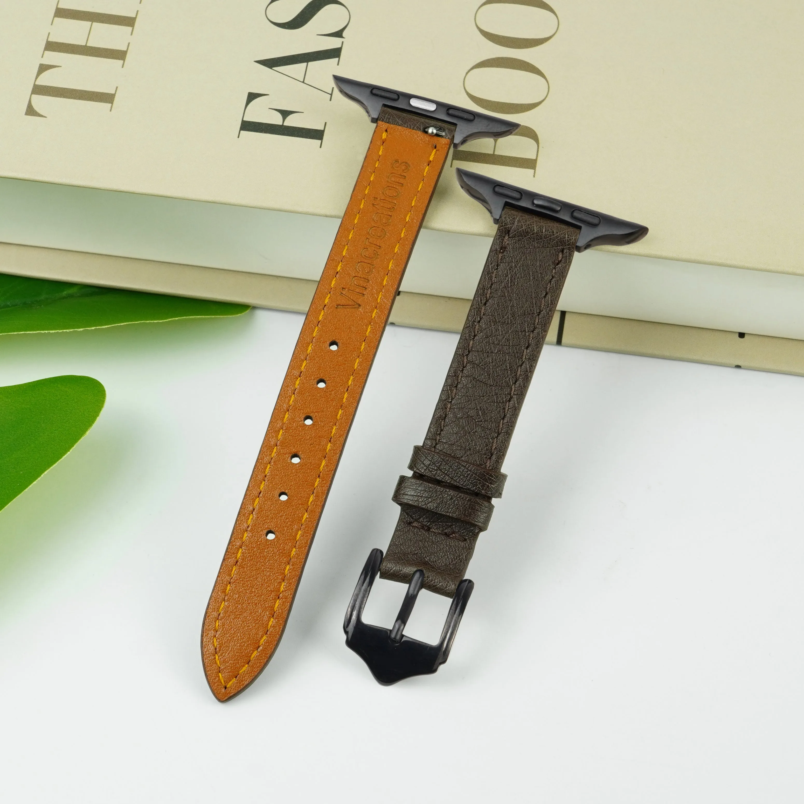 Dark Brown Flat Ostrich Leather Band Compatible Apple Watch Iwatch 45mm Screen Protector Case Black Adapter Replacement Strap For Smartwatch Series 7 8 Leather Handmade AW-183B-W-45MM