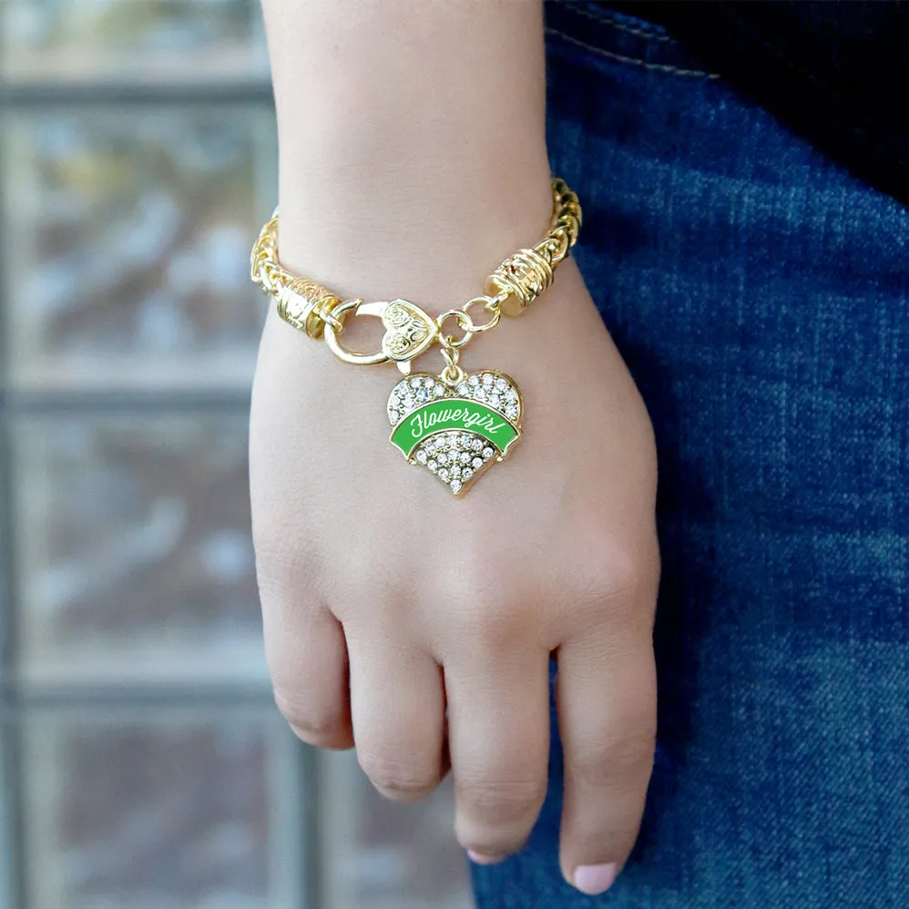 Gold Emerald Green Flower Girl Pave Heart Charm Braided Bracelet
