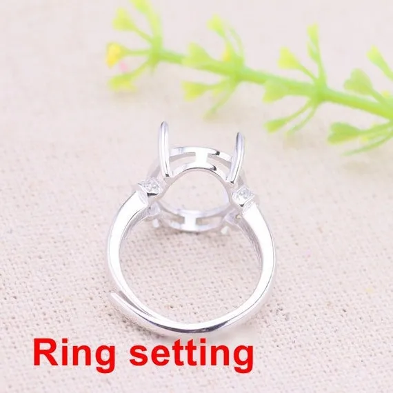 Halo Ring Setting Blank 12x14mm 925 Sterling Silver CZ Semi Mount for Oval Faceted Cabochon Stone 4 Prongs Adjustable Wholesale Available