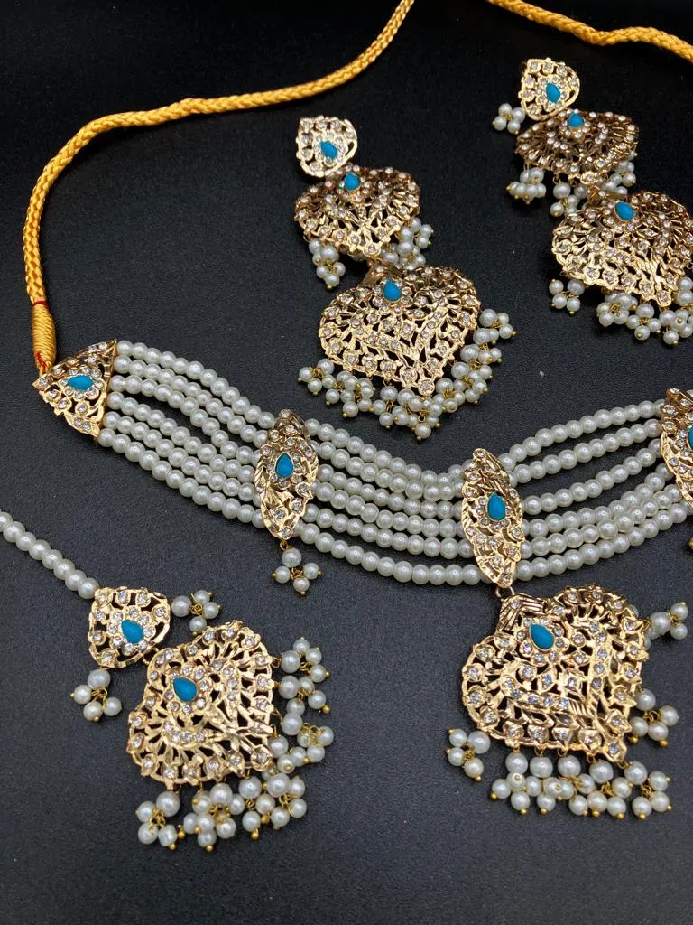 Hyderabadi style White pearls jewelry set with choker and anarkali earrings