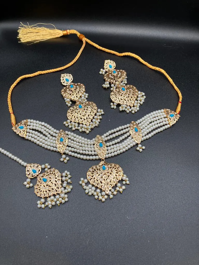 Hyderabadi style White pearls jewelry set with choker and anarkali earrings