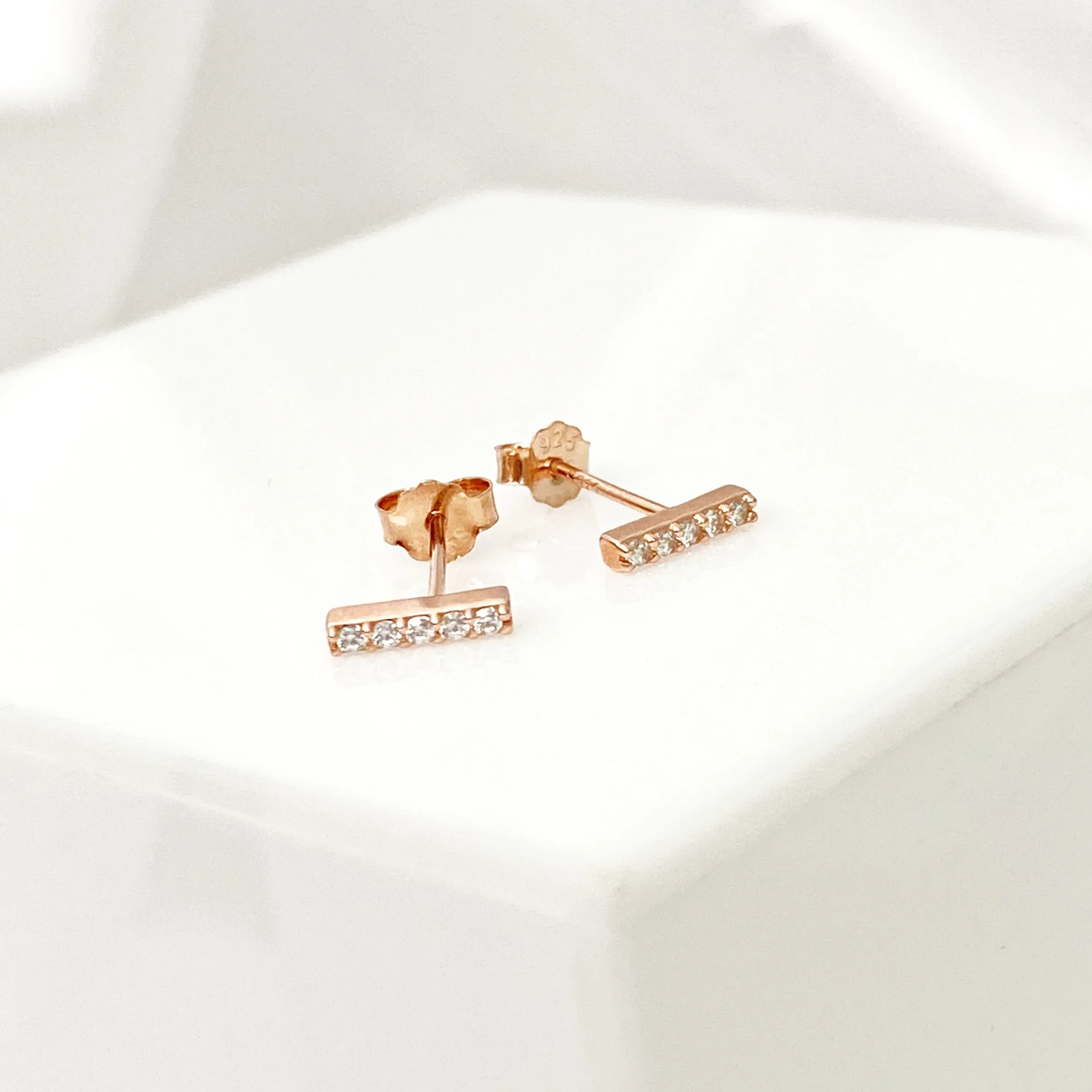 Mini Zirconia Bar Stud Earrings - Rose Gold