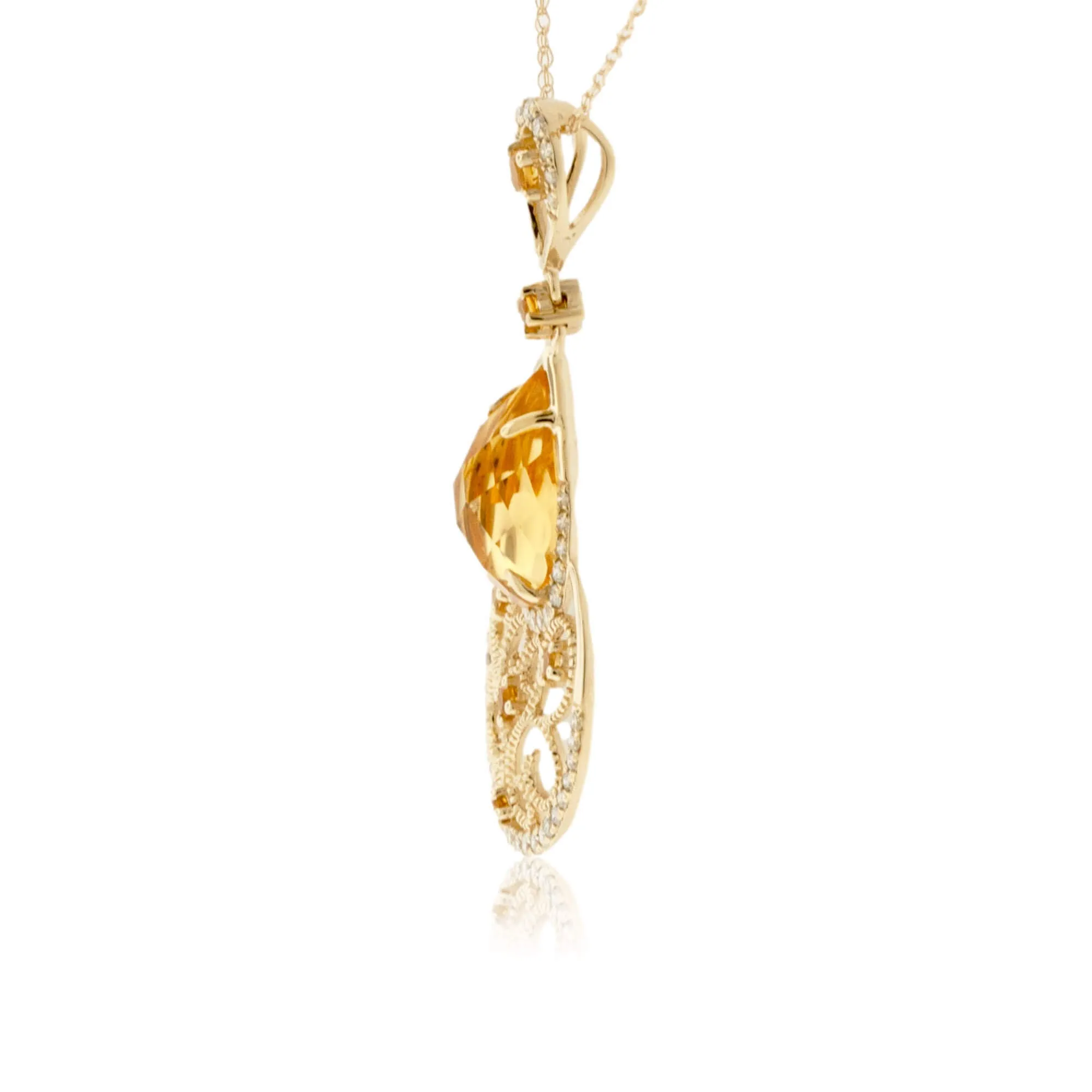 Pear Cut Citrine & Diamond Filigree Pendant w/Chain