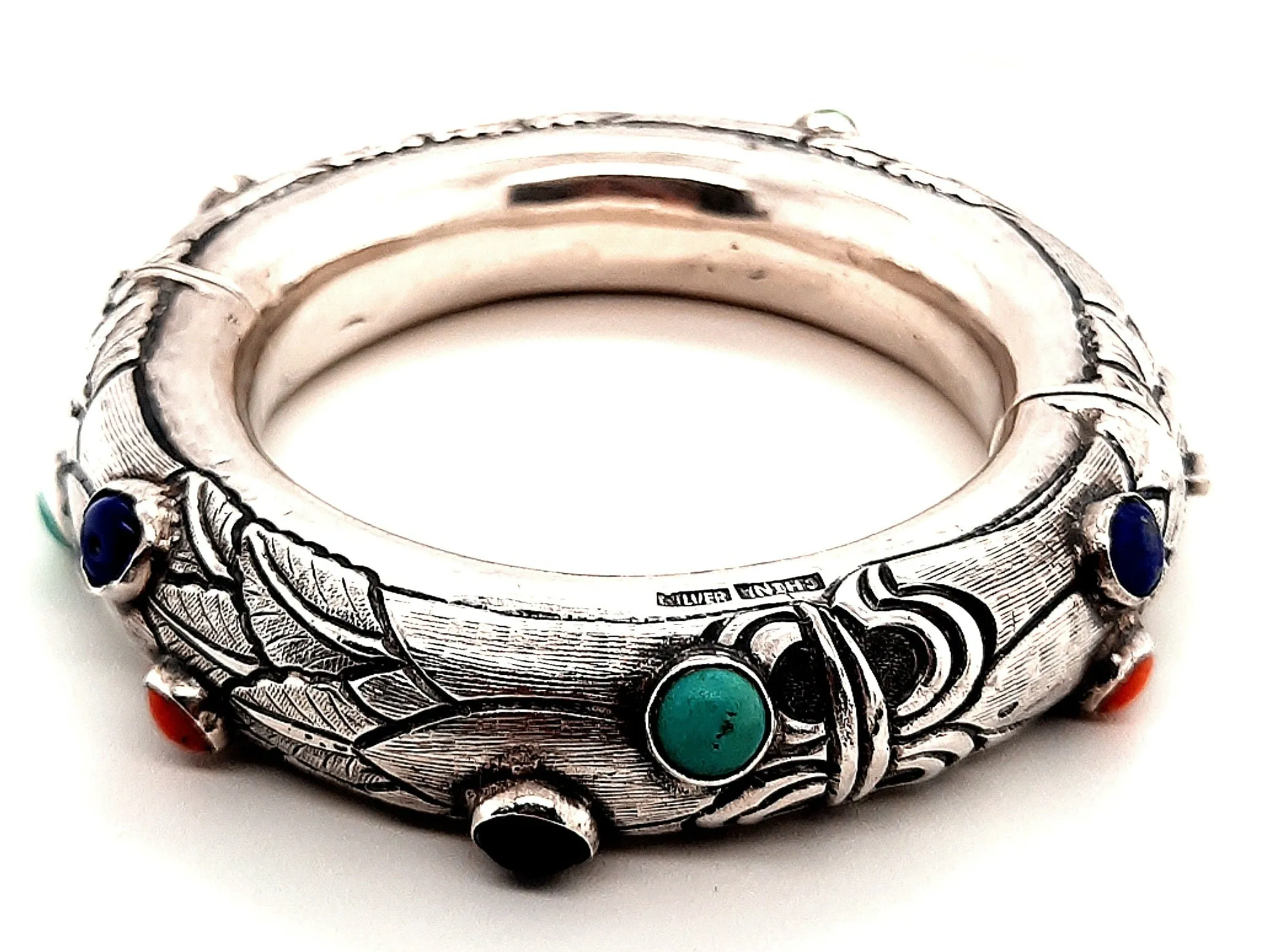 Sterling Silver & Gemstone Hinged Bangle