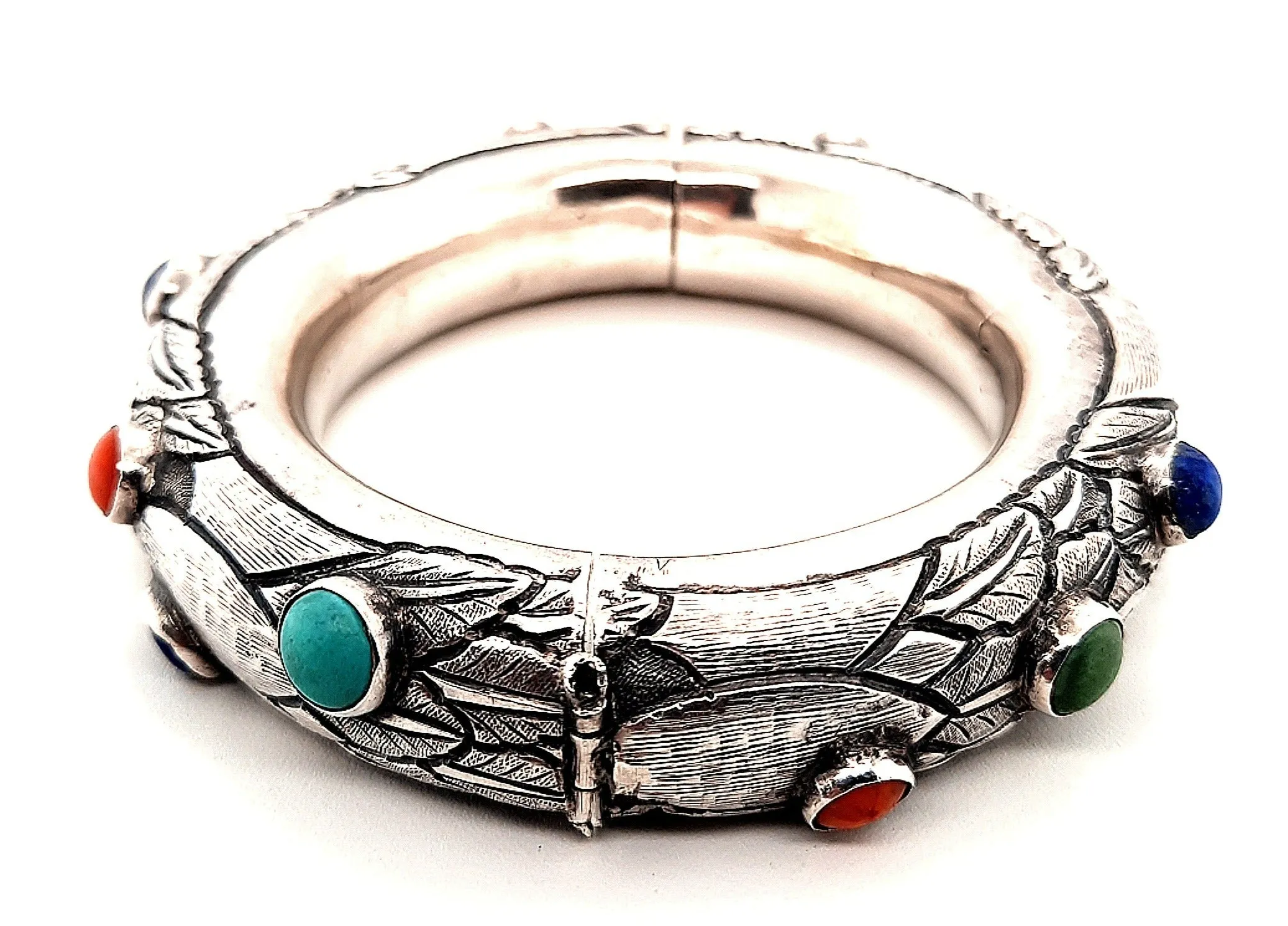 Sterling Silver & Gemstone Hinged Bangle