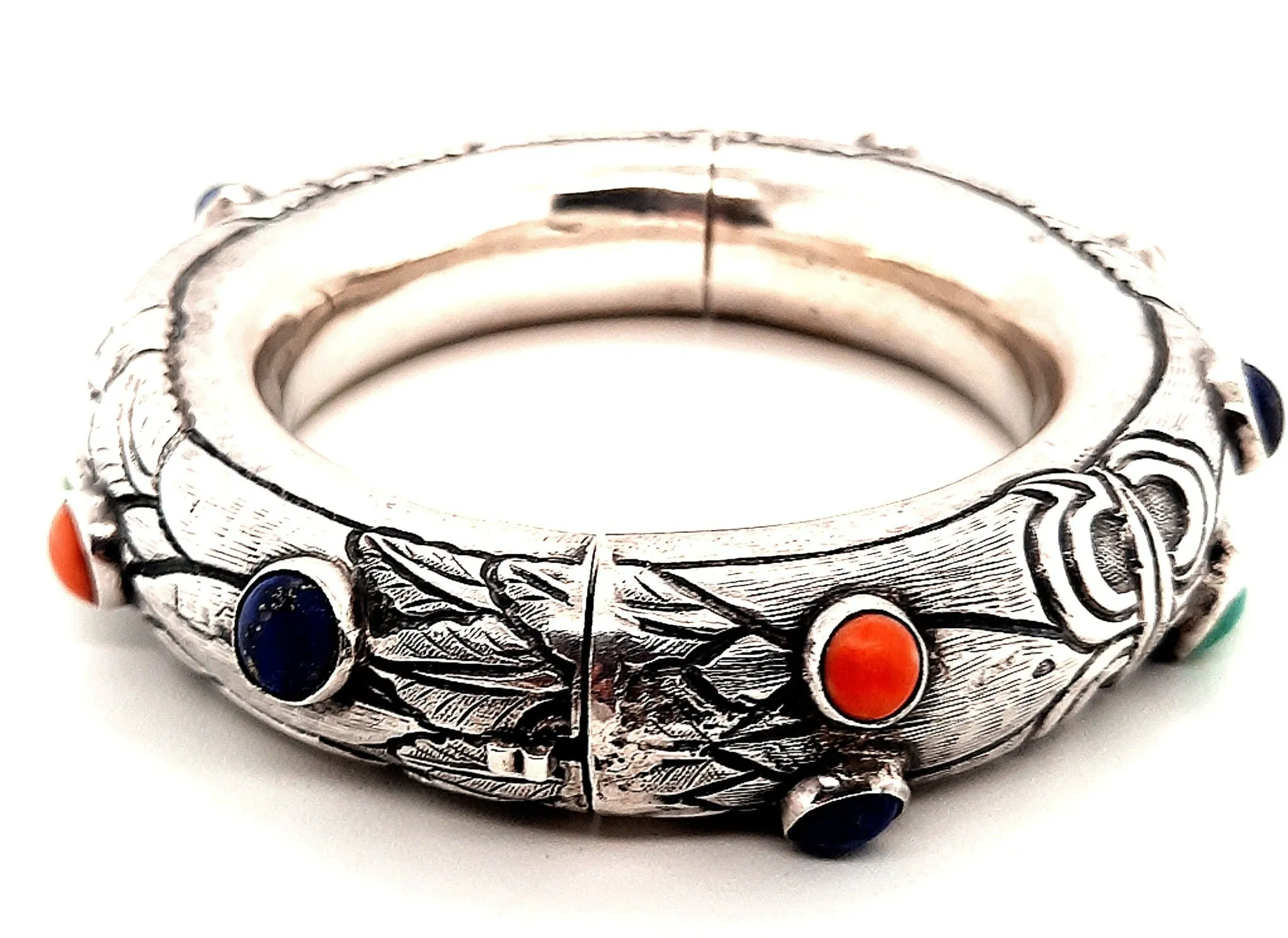 Sterling Silver & Gemstone Hinged Bangle