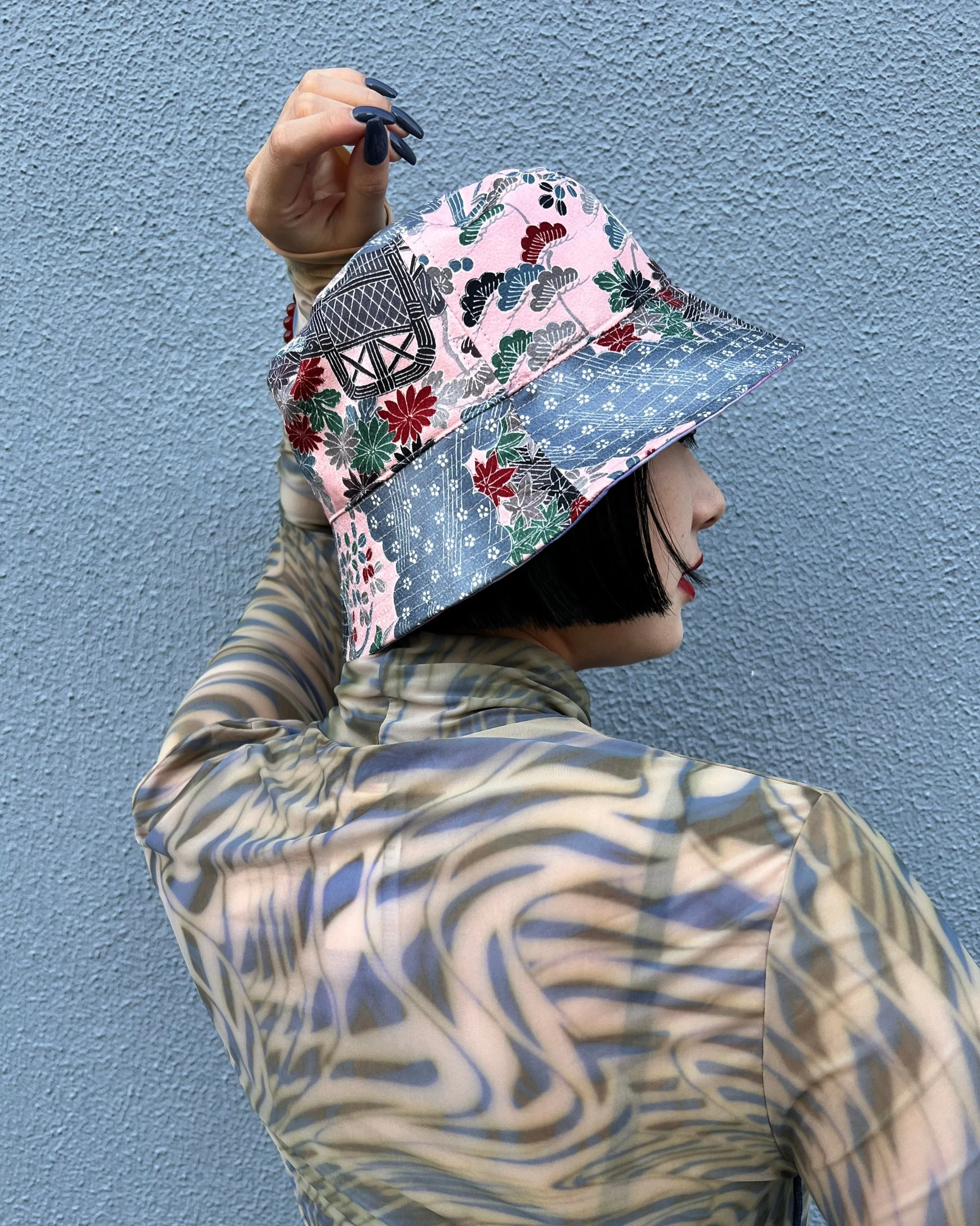 UPCYCLED KIMONO BUCKET HAT・PINK WAGARA ピンク和柄