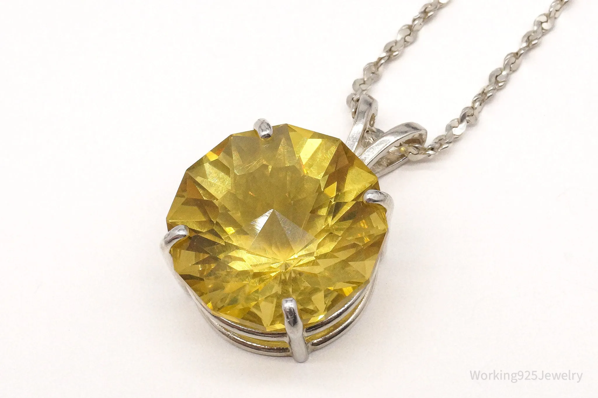 Vintage Large Yellow Simulated Citrine Sterling Silver Necklace 18"