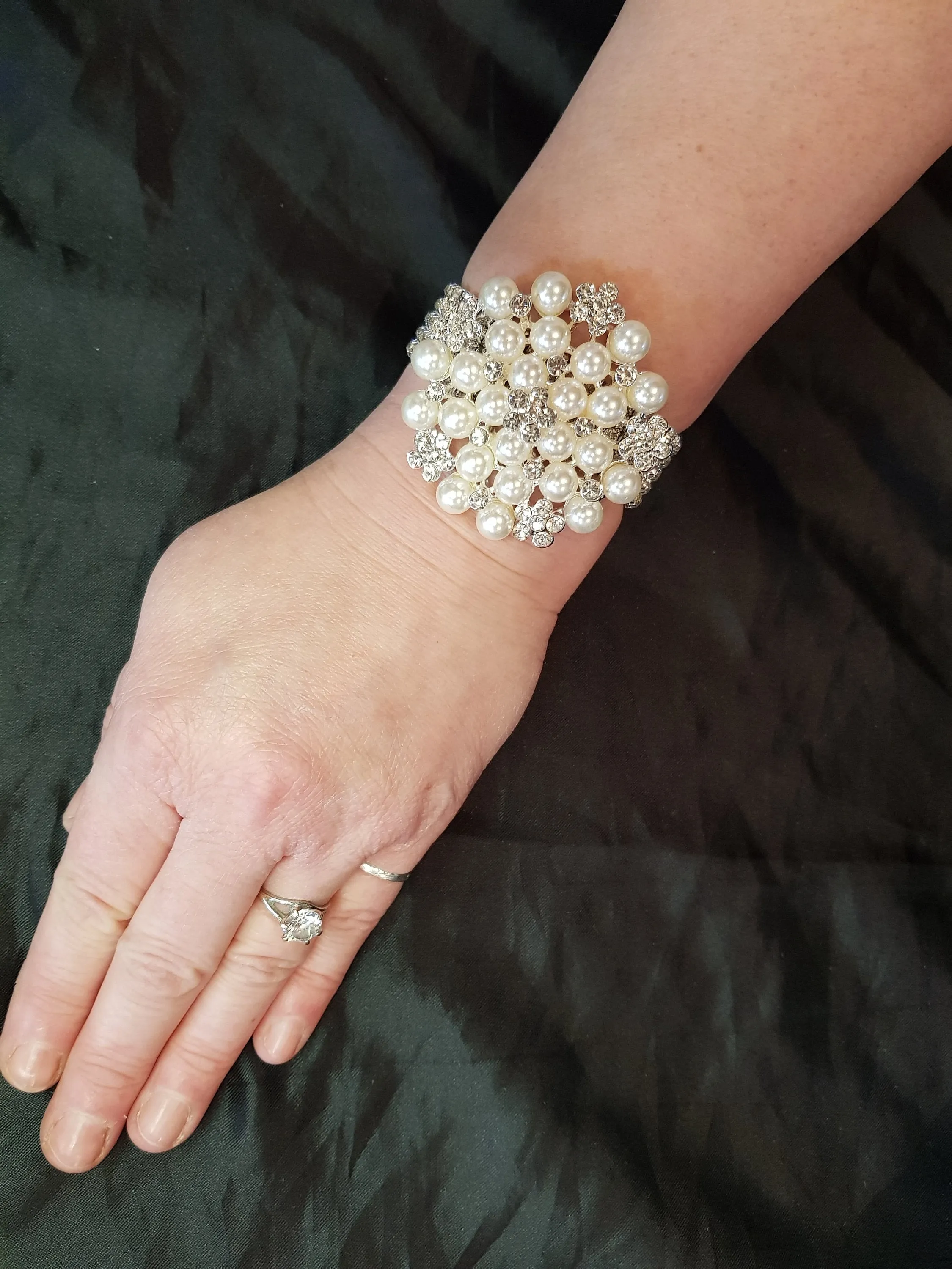 Wrist corsage ,Crystal & Pearl Wedding Cuff, bridesmaid Bracelet,  silver. gold or rose gold tone