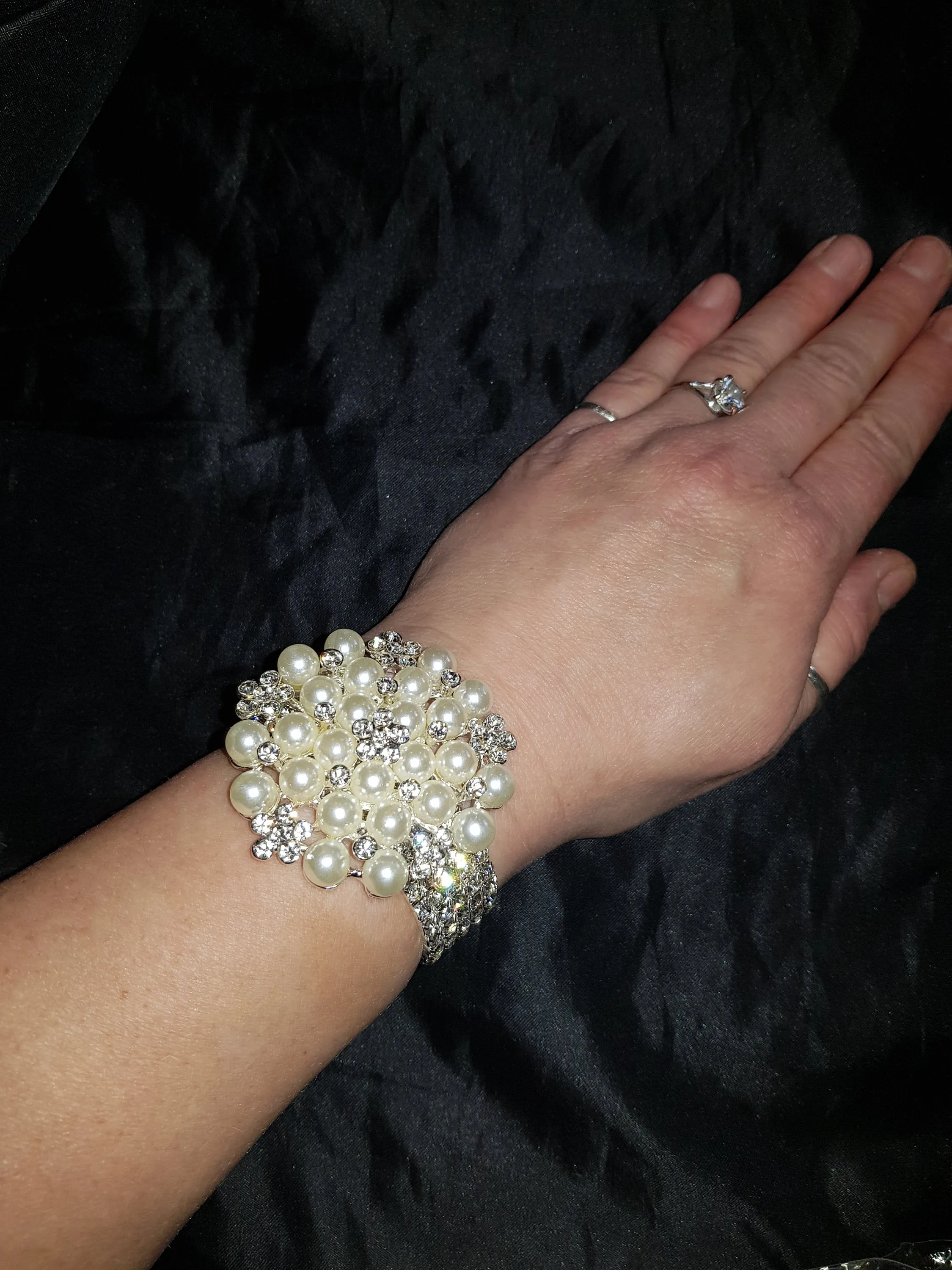 Wrist corsage ,Crystal & Pearl Wedding Cuff, bridesmaid Bracelet,  silver. gold or rose gold tone